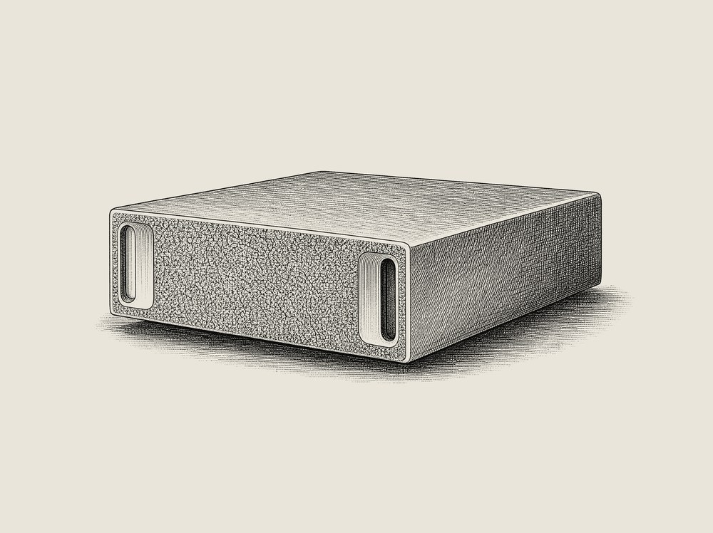 Engraved catalog illustration of a compact desktop AI machine with a stippled front grille.