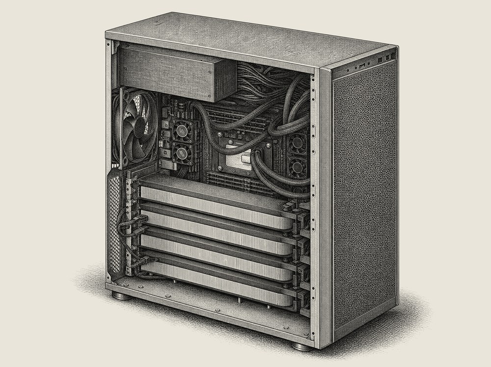 Engraved catalog illustration of a full tower workstation, side panel open on four stacked accelerator cards.