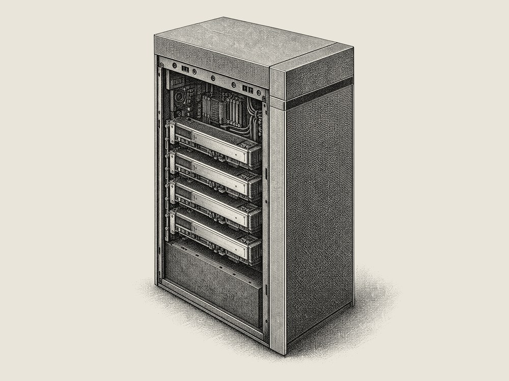 Engraved catalog illustration of a tall workstation tower drawn from slightly below.